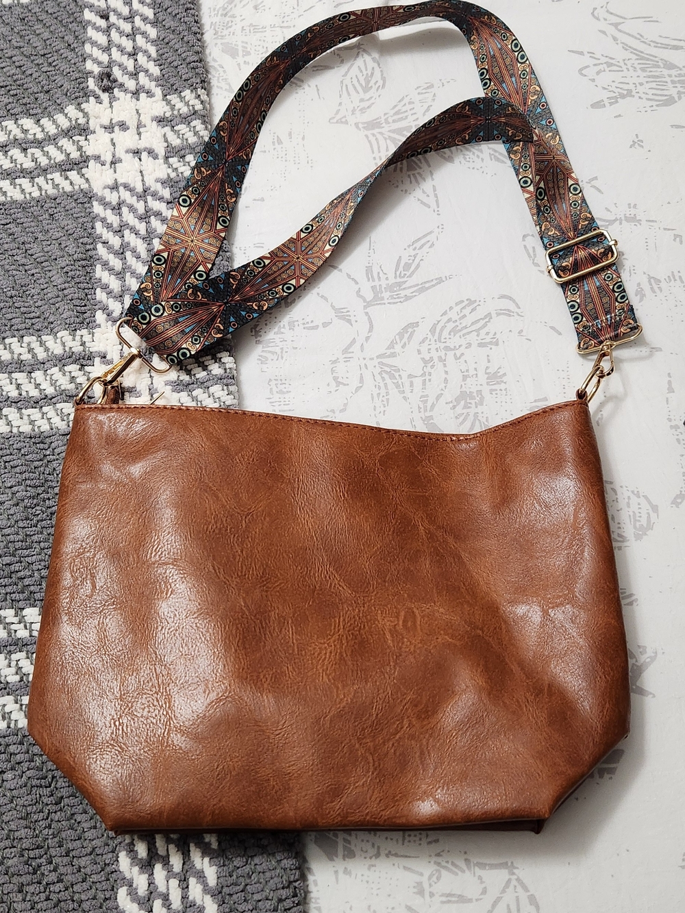 Brown Faux Leather Shoulder Bag with Patterned Strap